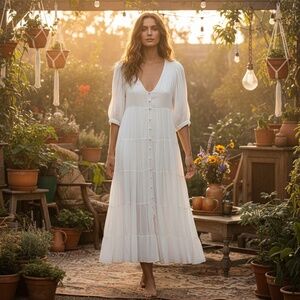 White Boho Button-Front Maxi Dress – Tiered Cottagecore Style ZARA